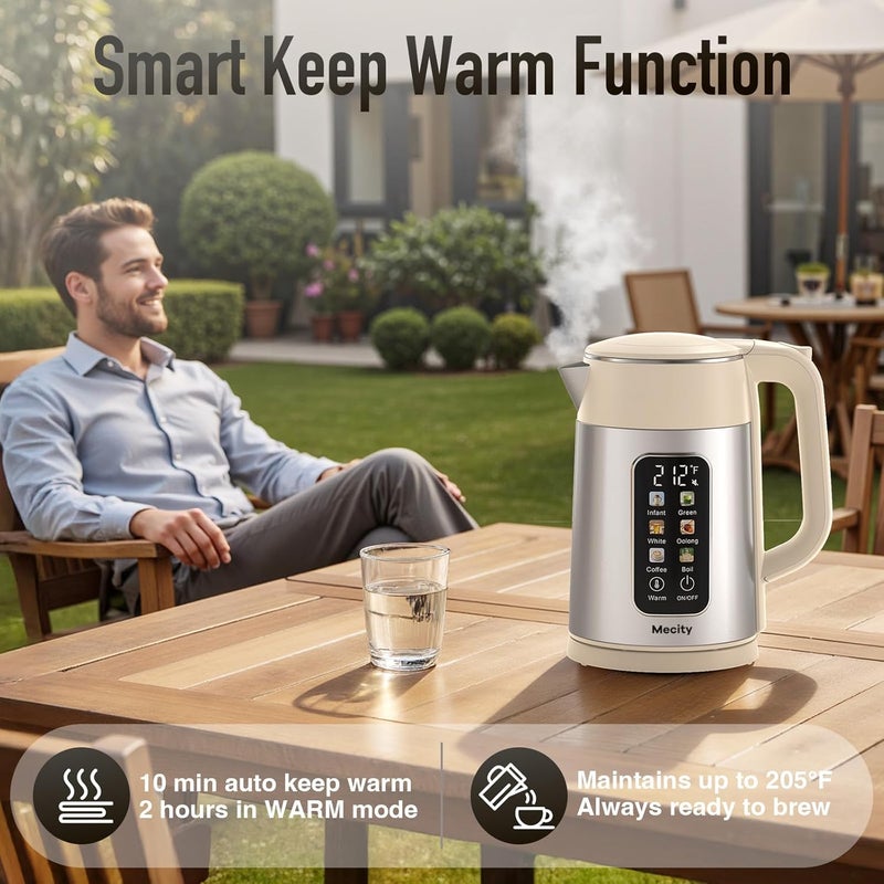 Mecity Electric Kettle 1.7L Touch Screen Temperature Control Water Boiler, No Plastic Contact with Water. 6 Presets For Tea and Coffee, 2 Hours Keep Warm, Auto Shut Off, Cream & Stainless Steel Color - Image 5